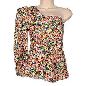 ZARA Colorful Pink Blue Green Floral One Shoulder Long Sleeve Top X-Small